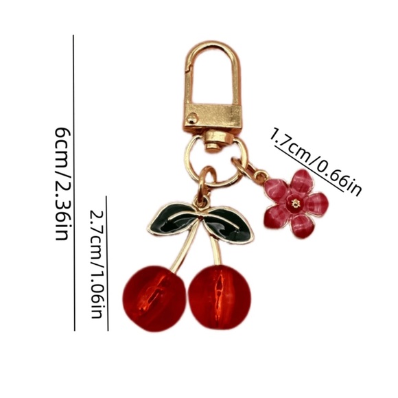 Cherry  Bag Charm Keychain 🍒 with Gold Hardware & Pink Flower  🌸 NWT - Picture 3 of 4